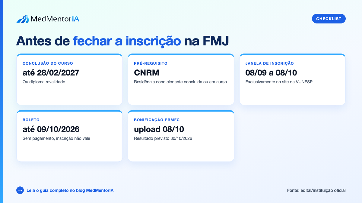 Infográfico factual: cronograma oficial FMJ 2027 com inscrições, taxa, provas e convocação